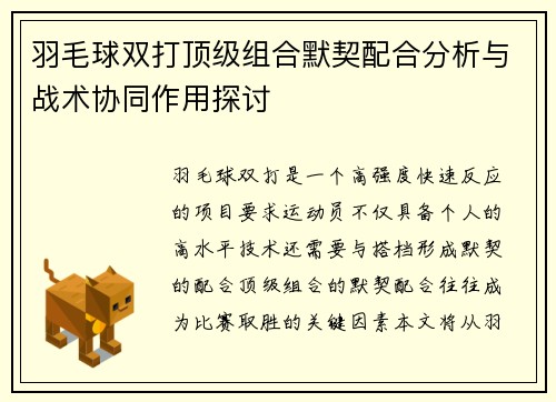 羽毛球双打顶级组合默契配合分析与战术协同作用探讨